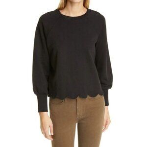 FRAME Black Scalloped Hem Crew Neck Long Sleeve Pullover Sweater Small